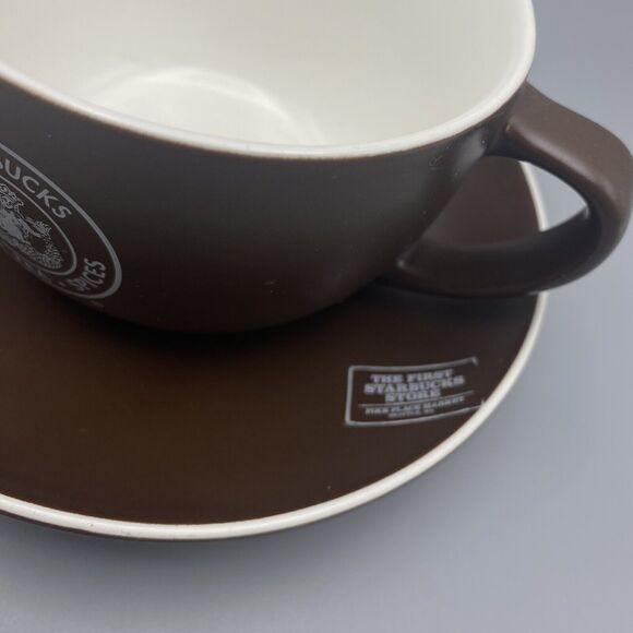 Starbucks 2008 Dark Brown Cup Saucer Set First Starbucks Store Pike Place Market - Picture 2 of 7